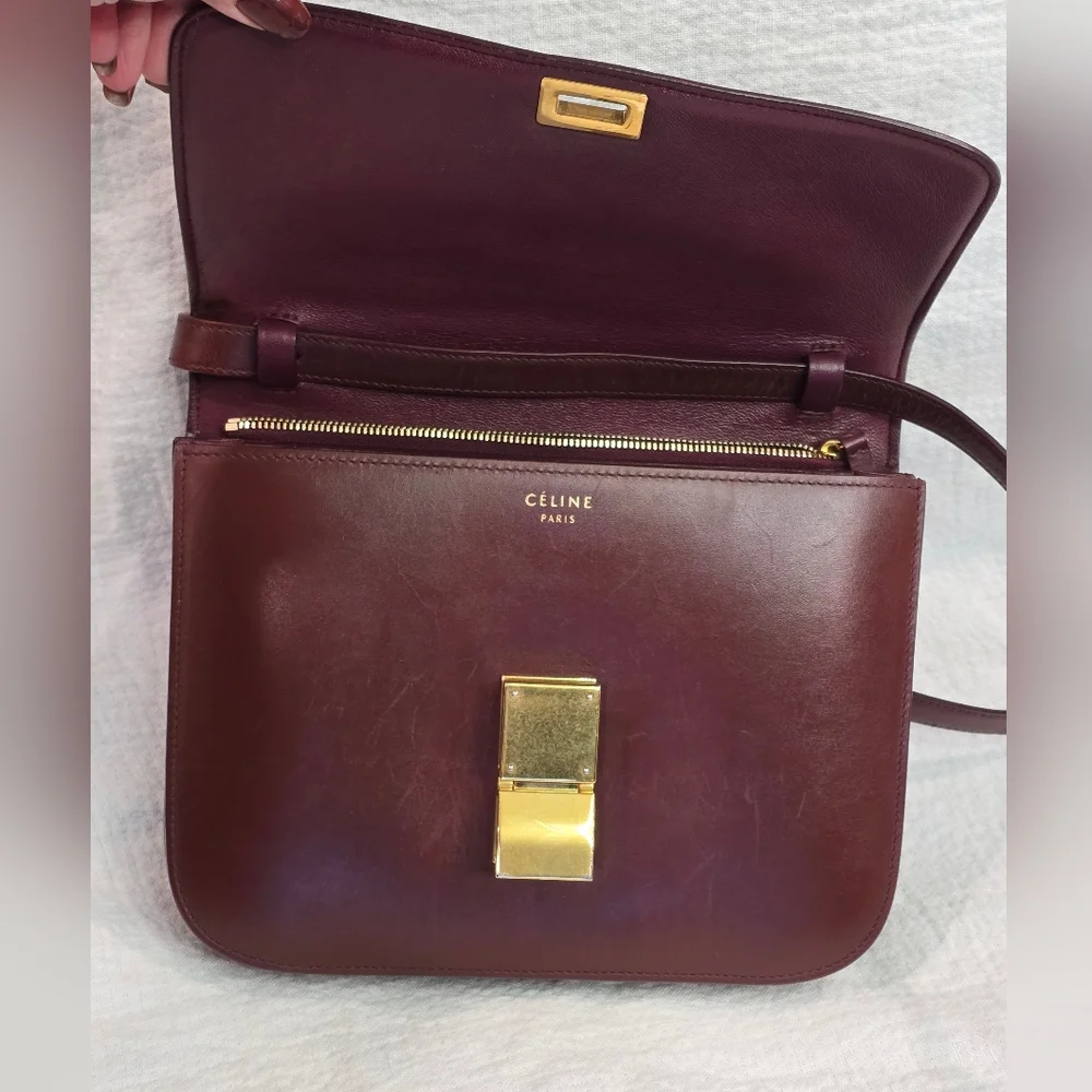 Celine Classic Box Leather Medium Bag Flap Purse Teen Triomphe Burgandy Brown - Picture 8 of 16